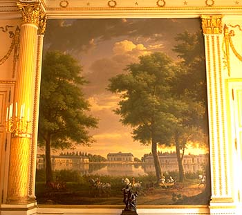 Vista del Palacio de Benrath, a orillas del Rin, por Alexandre Dunoy (paisaje) y Carle Vernet (personajes), residencia de Murat, Gran Duque de ...