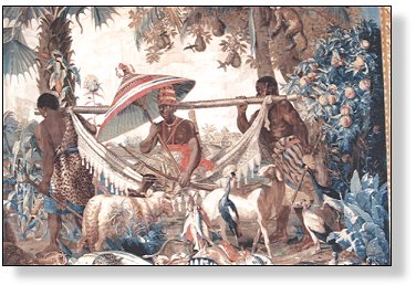 illustration :Zwei Gobelin-Webereien in den Farben Neu-Indiens des Malers Desportes: La negresse portÃ©e dans un Hamac und Le chasseur indien ...