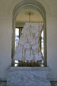 Photo: Sculpture by ARMAN, entitled 'Homage to the French Revolution', consisting of 200 white marble banners attached to gilded bronze flagp ...