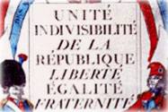 Illustration : Liberté, Egalité, Fraternité - Unité, Indivisibilité de la République, Liberté, Egalité, Fraternité ou la mort - Gravure coloriée éditée par Paul André Basset, prairial an IV (1796)