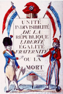 Illustration : Liberté, Egalité, Fraternité - Gravure coloriée éditée par Paul André Basset, prairial an IV (1796)